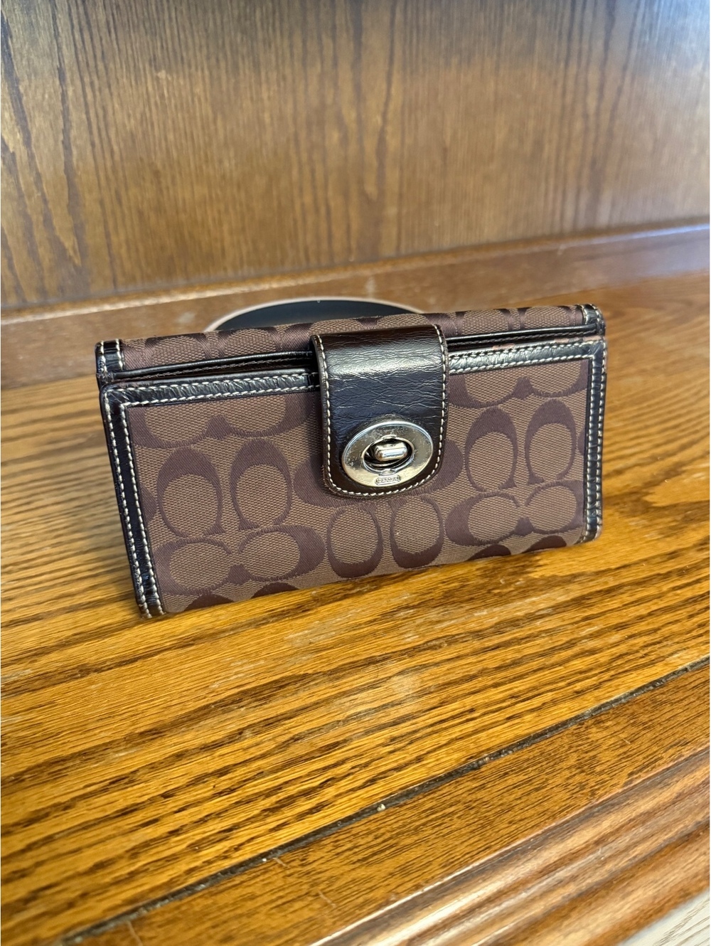 Coach Signature Checkbook Wallet Brown Canvas Black Patent Trim Turnlock